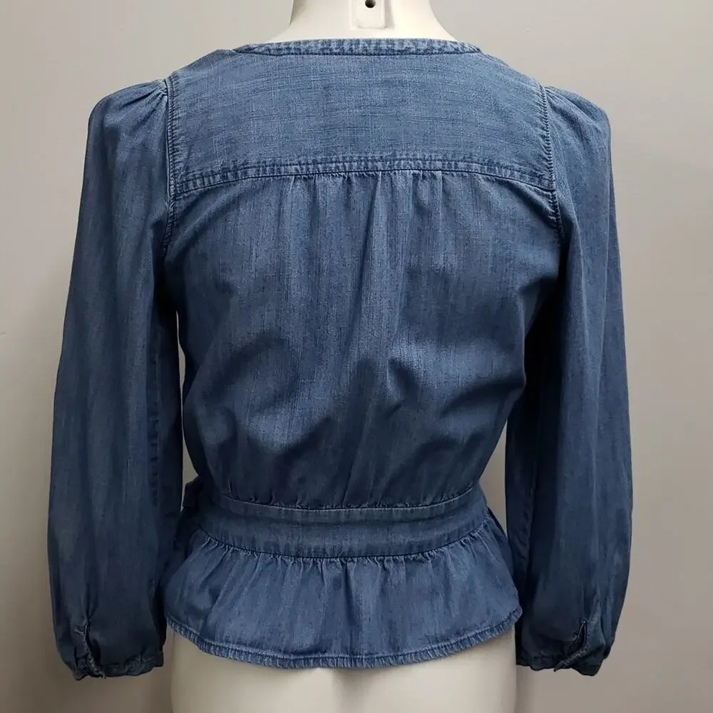 Denim Puff-Sleeve Peplum Wrap Top Women's XXS Ruffled Hem Cottagecore Prairie